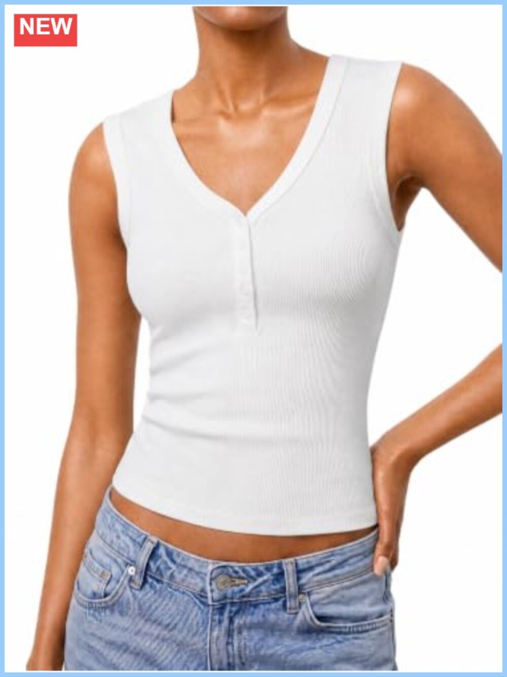 Ribbed Henley Tank Top Snap Button V Neck Fitted Cotton Blend Wide Strap